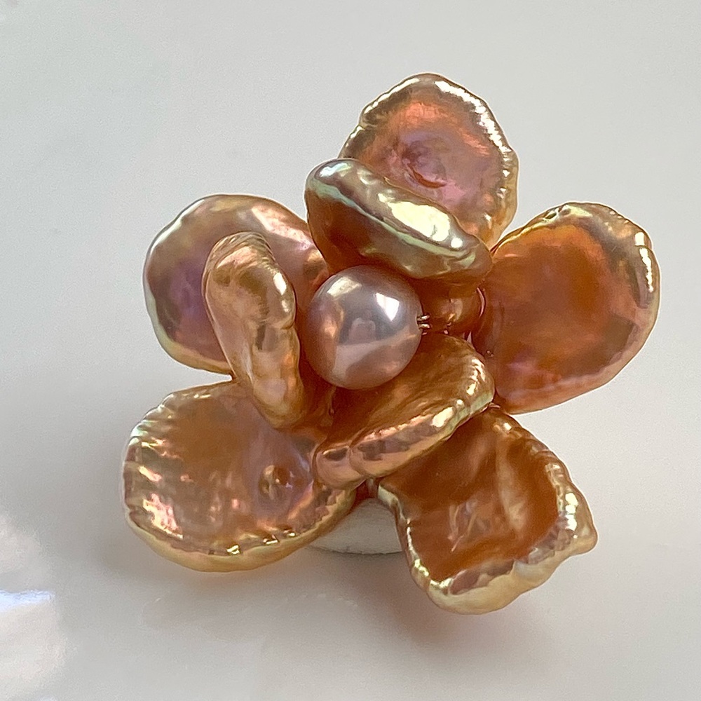 P150-Premium Metallic Gold Petal Pearl Double Layer Detchable Flower Pendant